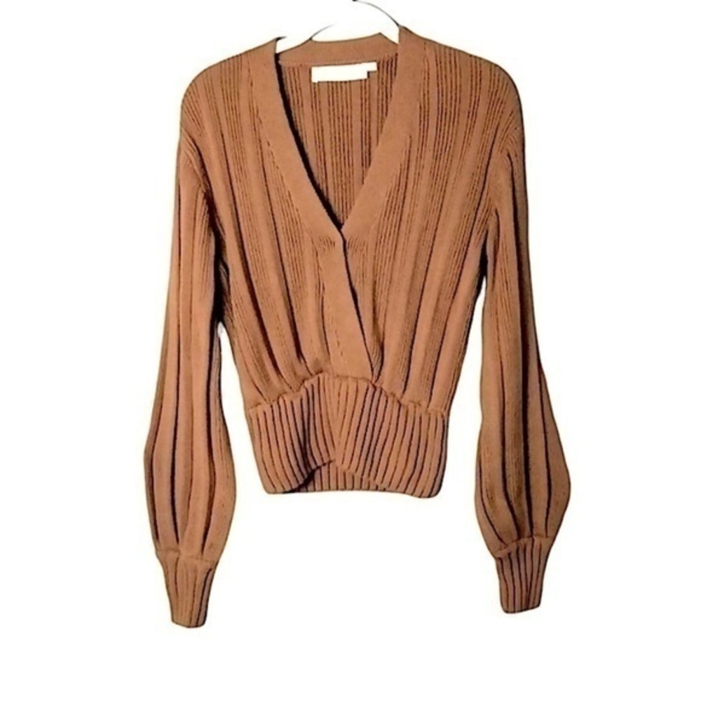 ASTR The Label Evie Surplice Wrap Ribbed Tan Sweater​ - Picture 4 of 10